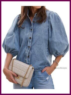 Women's Denim Button Down Shirt Puff Short Sleeve Jean Jacket